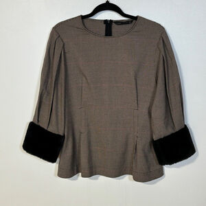 Zara Blouse Brown Black Houndstooth Women’s Small Faux Fur Cuffs Back Zipper